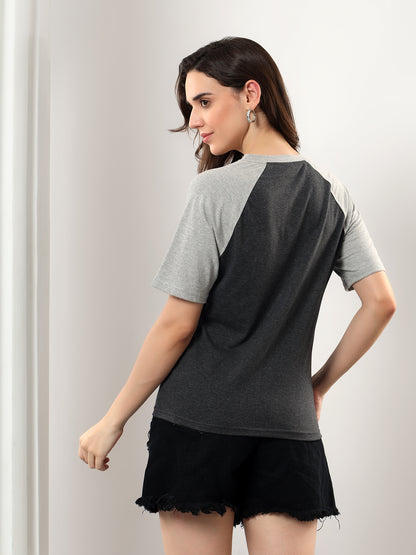 BRINNS Women Solid Raglan Sleeves Round Neck Cotton T-shirt