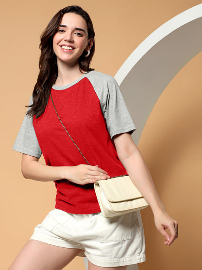 BRINNS Women Solid Raglan Sleeves Round Neck Cotton T-shirt