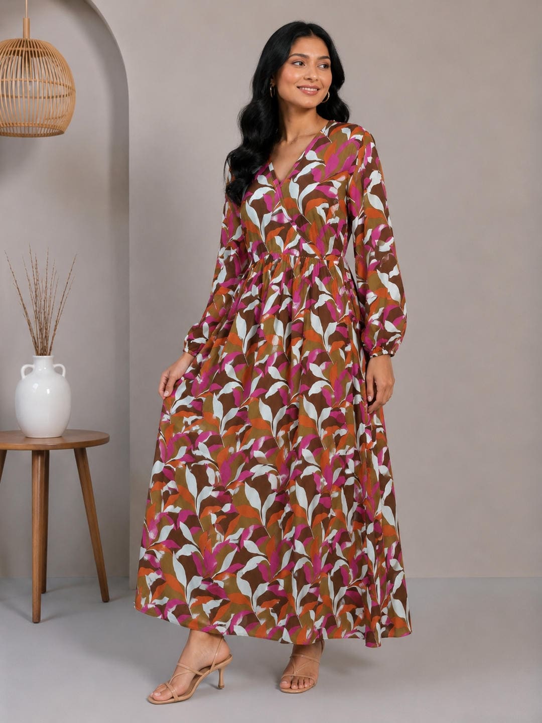 Printed Puff Sleeves Maxi Dress