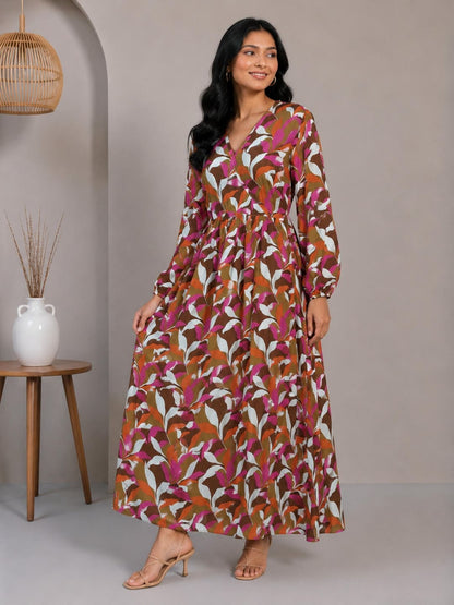 Printed Puff Sleeves Maxi Dress