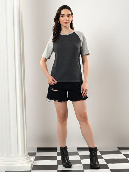 BRINNS Women Solid Raglan Sleeves Round Neck Cotton T-shirt
