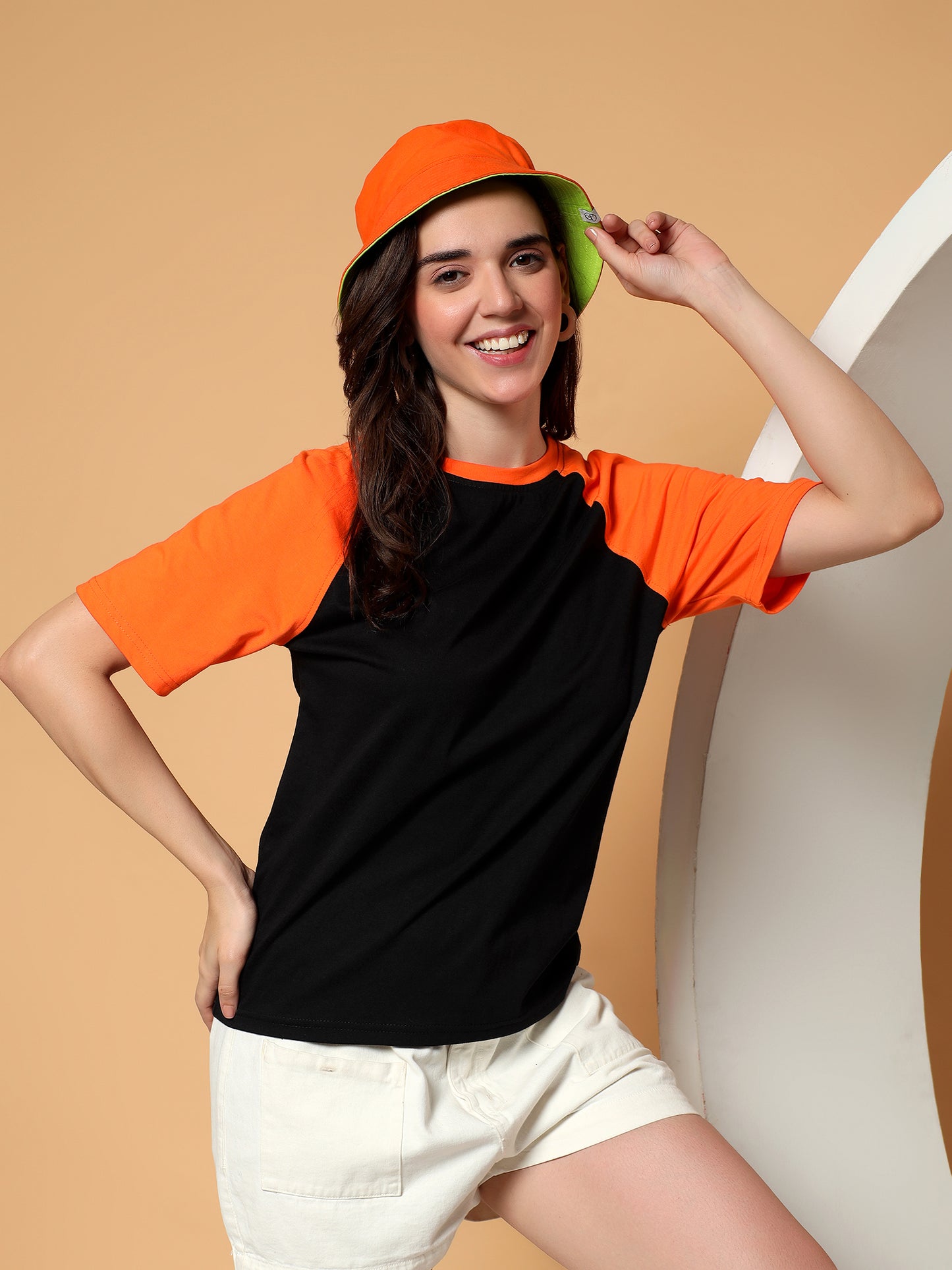 BRINNS Women Solid Raglan Sleeves Round Neck Cotton T-shirt
