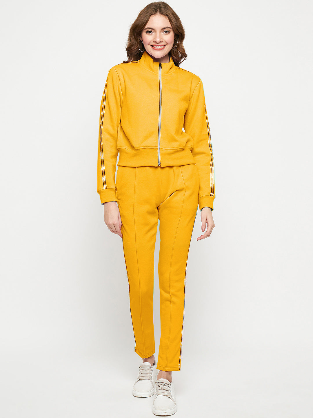 Women Solid Mock Collar Tracksuit