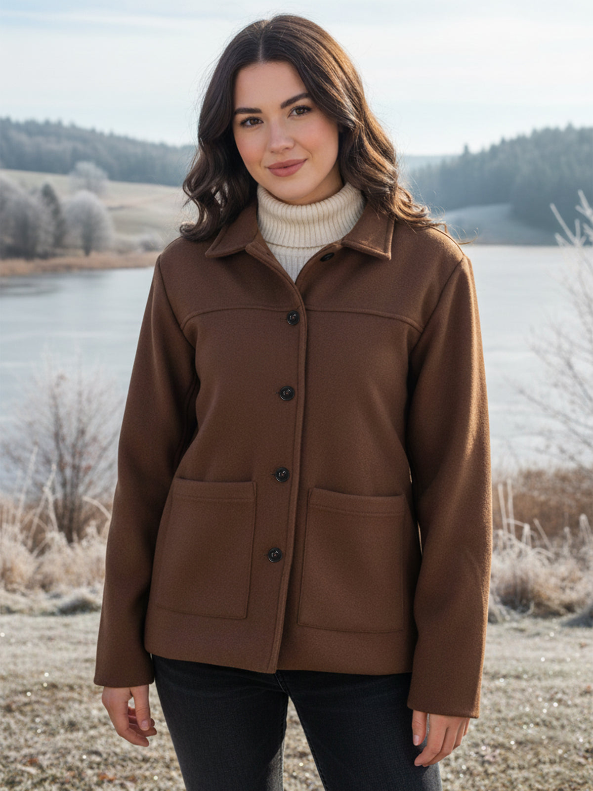 Solid Woven Tailored Jacket with Spread Collar and Pockets