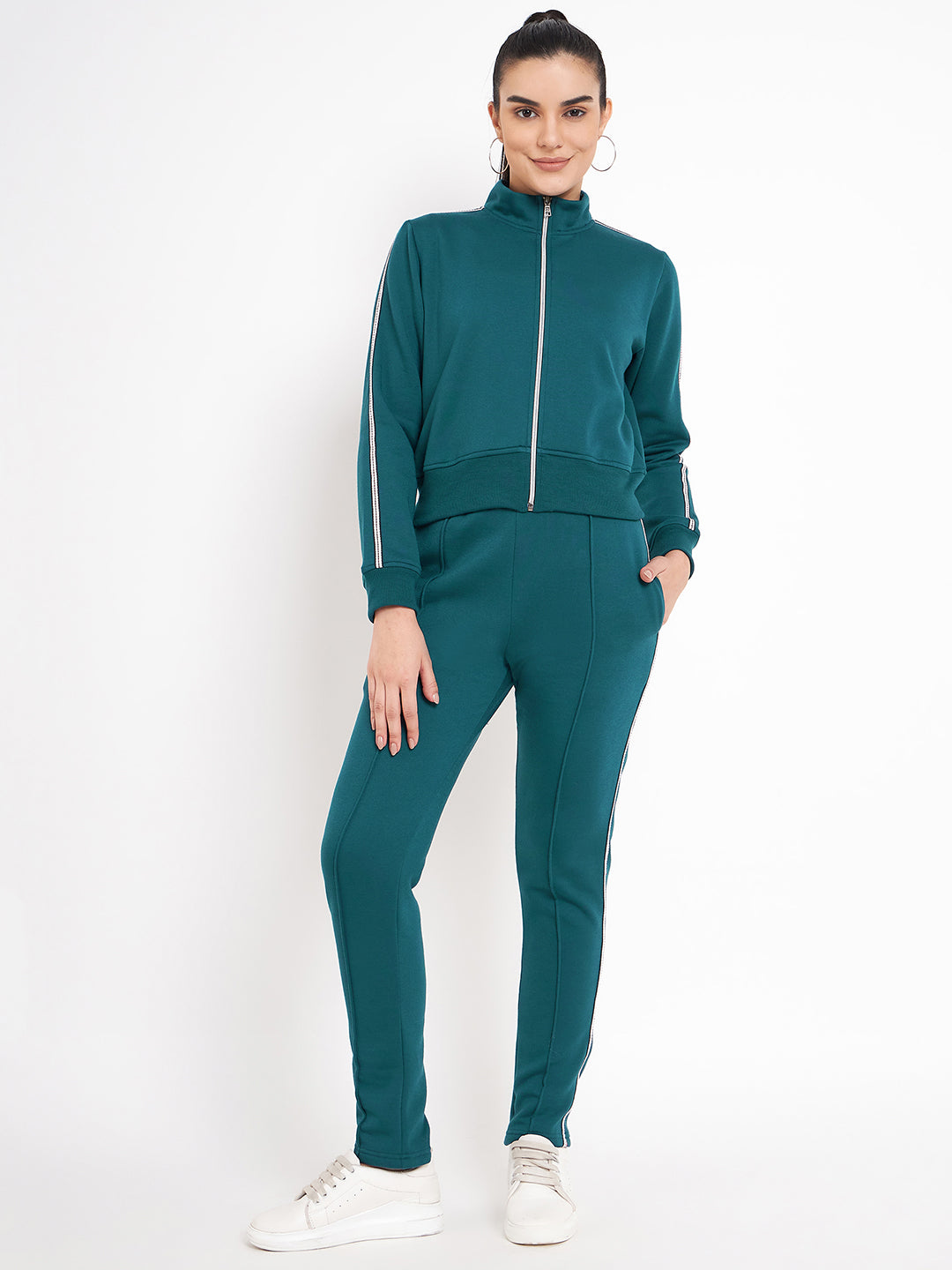 Women Solid Mock Collar Tracksuit