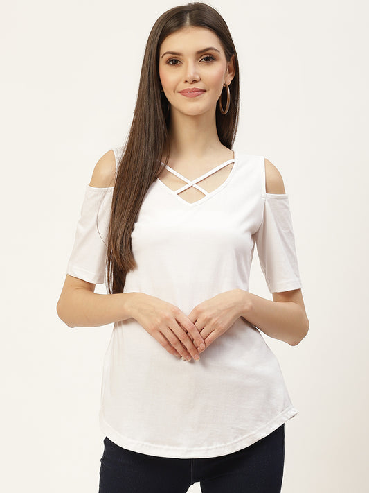 Women Cotton Solid Cold-Shoulder Sleeves Top