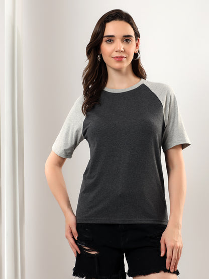BRINNS Women Solid Raglan Sleeves Round Neck Cotton T-shirt