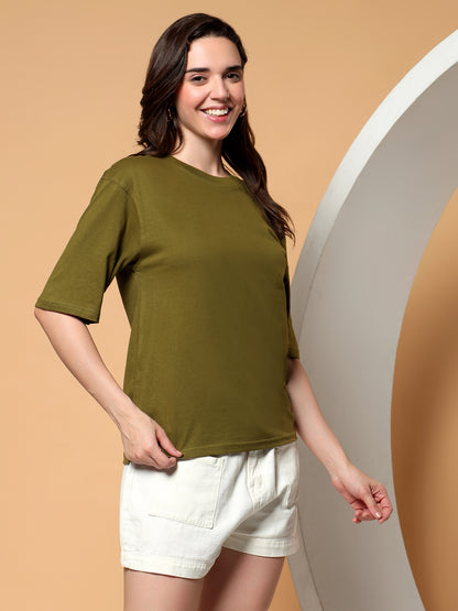 BRINNS Women Solid Round Neck Cotton T-shirt
