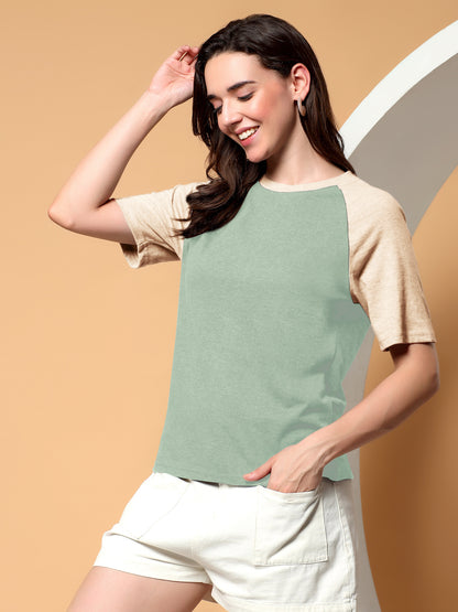 BRINNS Women Solid Raglan Sleeves Round Neck Cotton T-shirt