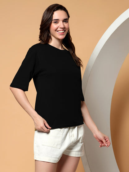 BRINNS Women Solid Round Neck Cotton T-shirt