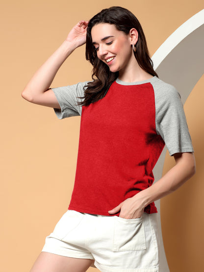 BRINNS Women Solid Raglan Sleeves Round Neck Cotton T-shirt
