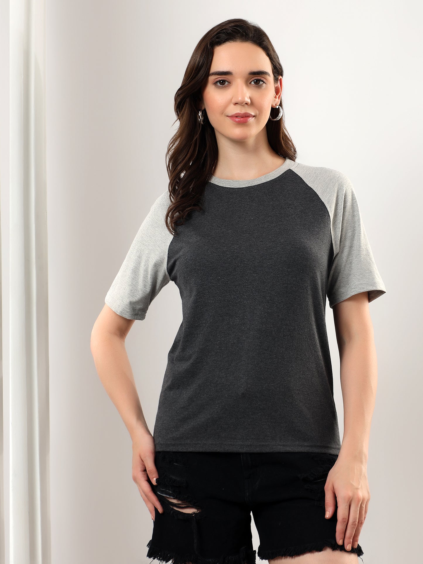 BRINNS Women Solid Raglan Sleeves Round Neck Cotton T-shirt