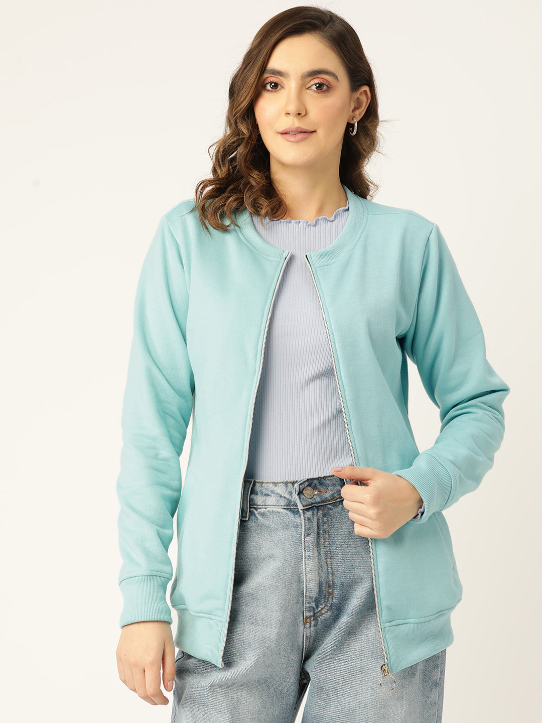 Women Collarless Solid Fleece Casual Bomber Jacket