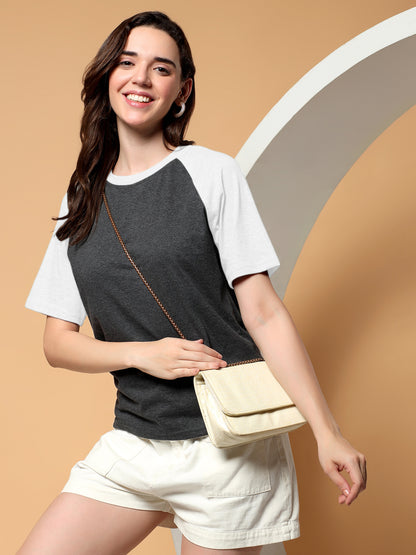 BRINNS Women Solid Raglan Sleeves Round Neck Cotton T-shirt