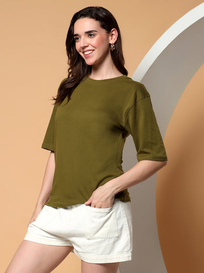 BRINNS Women Solid Round Neck Cotton T-shirt