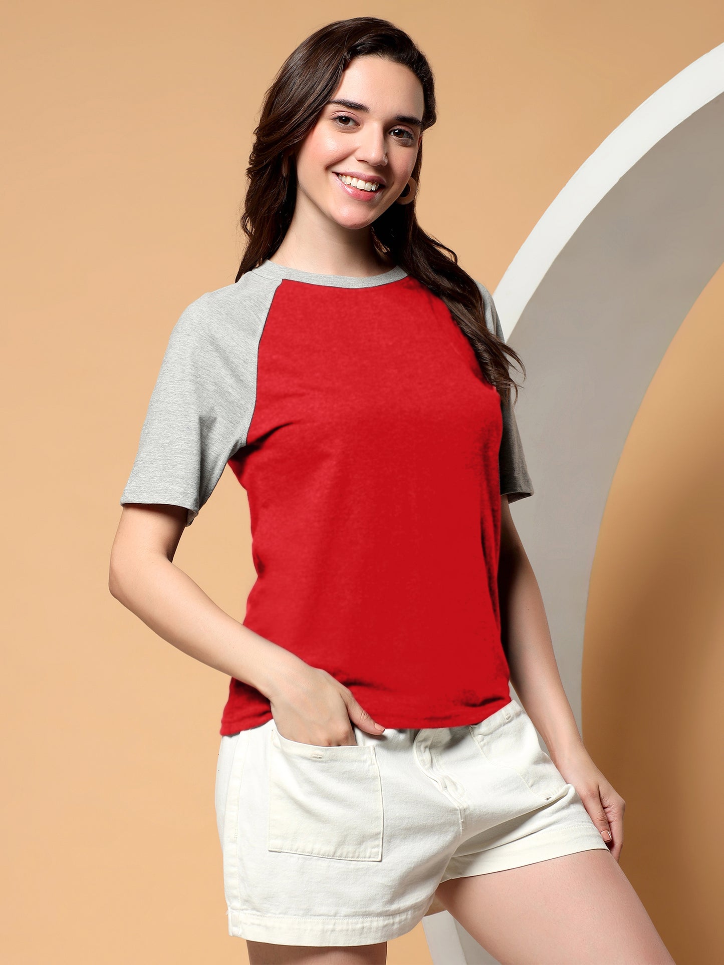 BRINNS Women Solid Raglan Sleeves Round Neck Cotton T-shirt