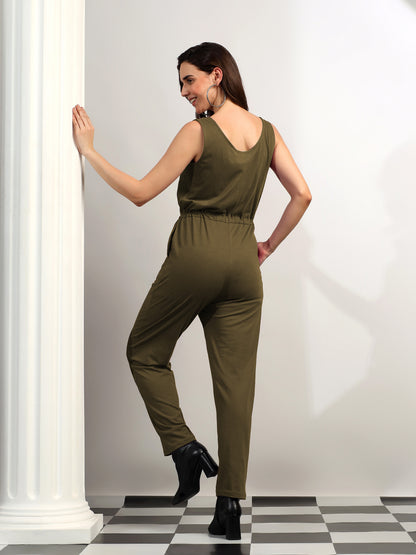 BRINNS Women V-Neck Pure Cotton Jumpsuit with Waist Tie-Up