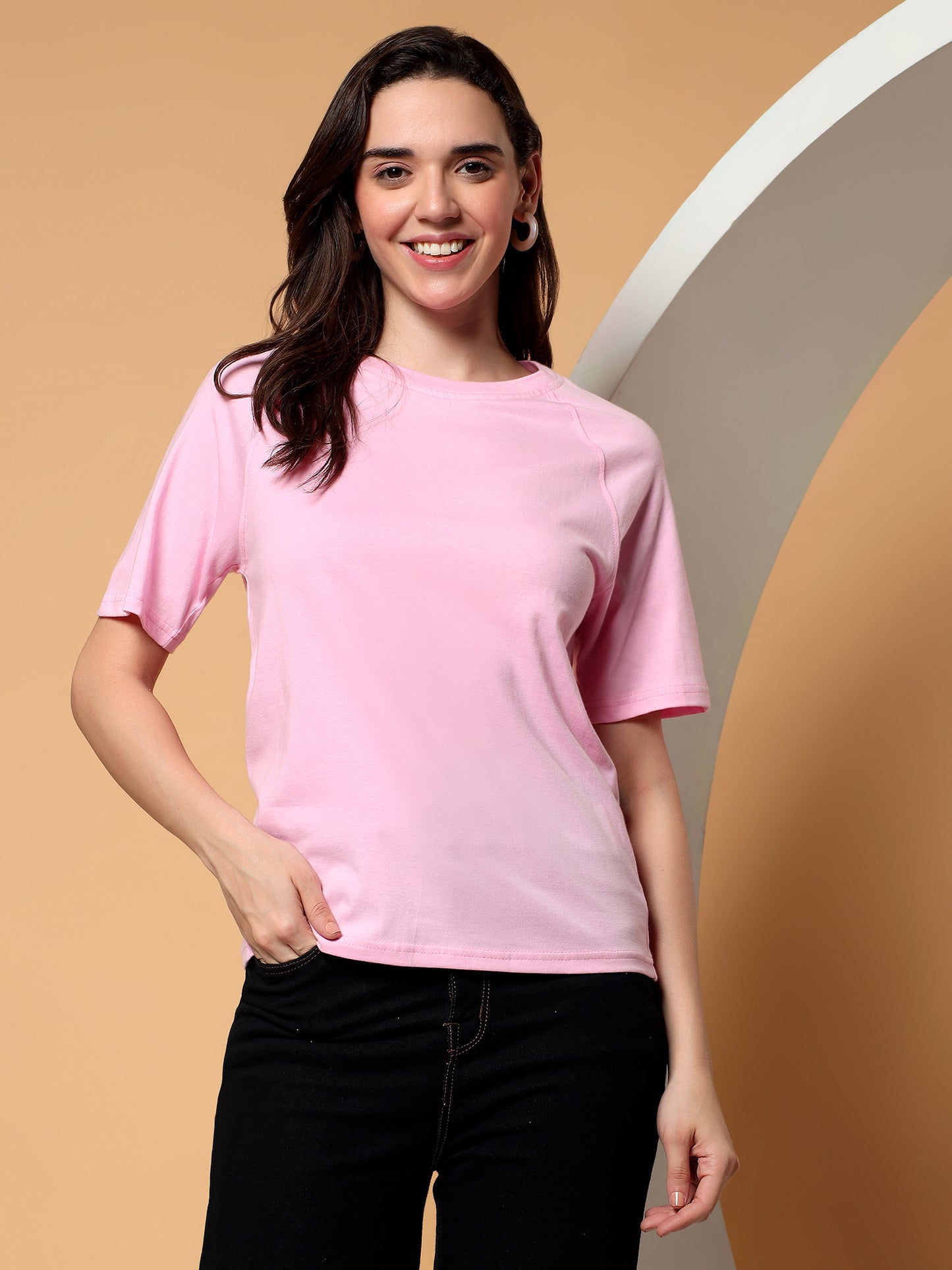 BRINNS Women Solid Raglan Sleeves Round Neck Cotton T-shirt