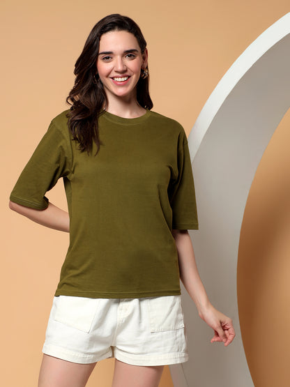 BRINNS Women Solid Round Neck Cotton T-shirt