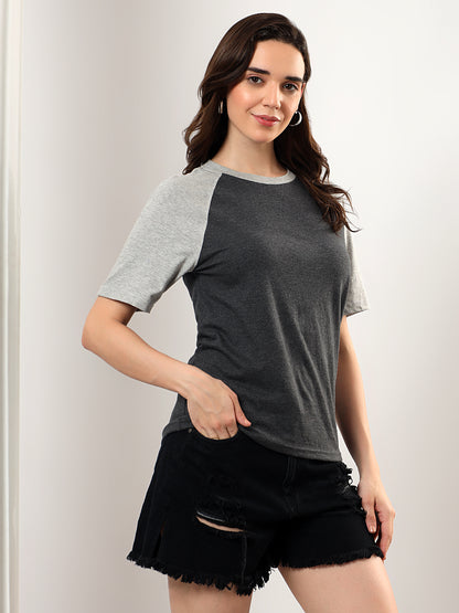 BRINNS Women Solid Raglan Sleeves Round Neck Cotton T-shirt