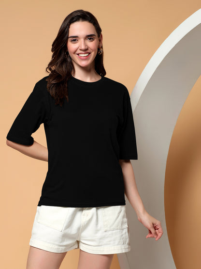 BRINNS Women Solid Round Neck Cotton T-shirt