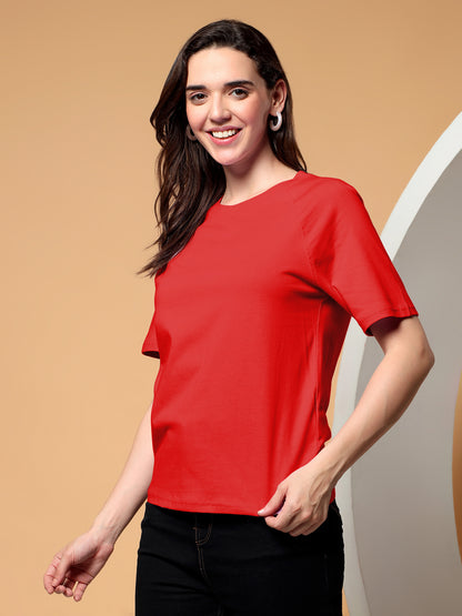 BRINNS Women Solid Raglan Sleeves Round Neck Cotton T-shirt