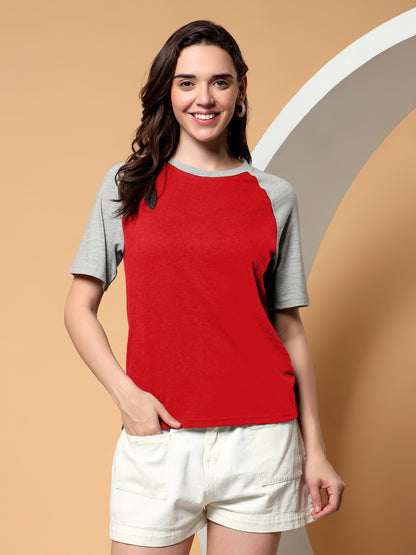 BRINNS Women Solid Raglan Sleeves Round Neck Cotton T-shirt