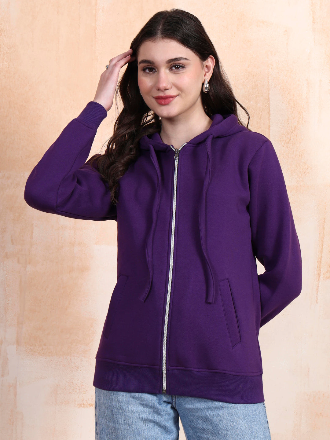 Solid Fleece-Lined Zip-Closure Hooded Sweatshirt with Pockets