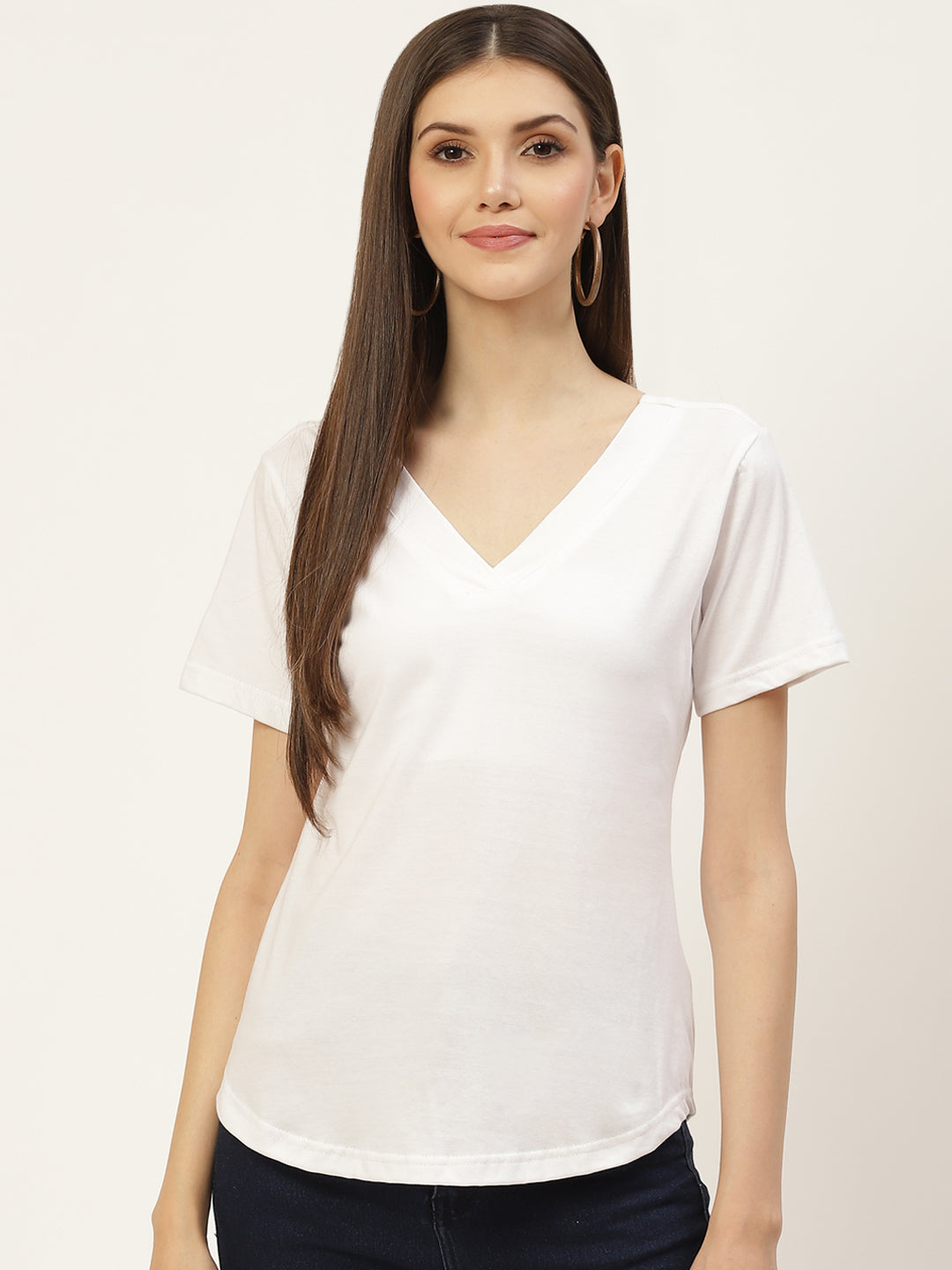 BRINNS Women Solid V-Neck Pure Cotton T-shirt