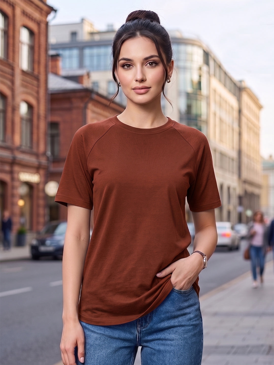 BRINNS Women Solid Raglan Sleeves Round Neck Cotton T-shirt