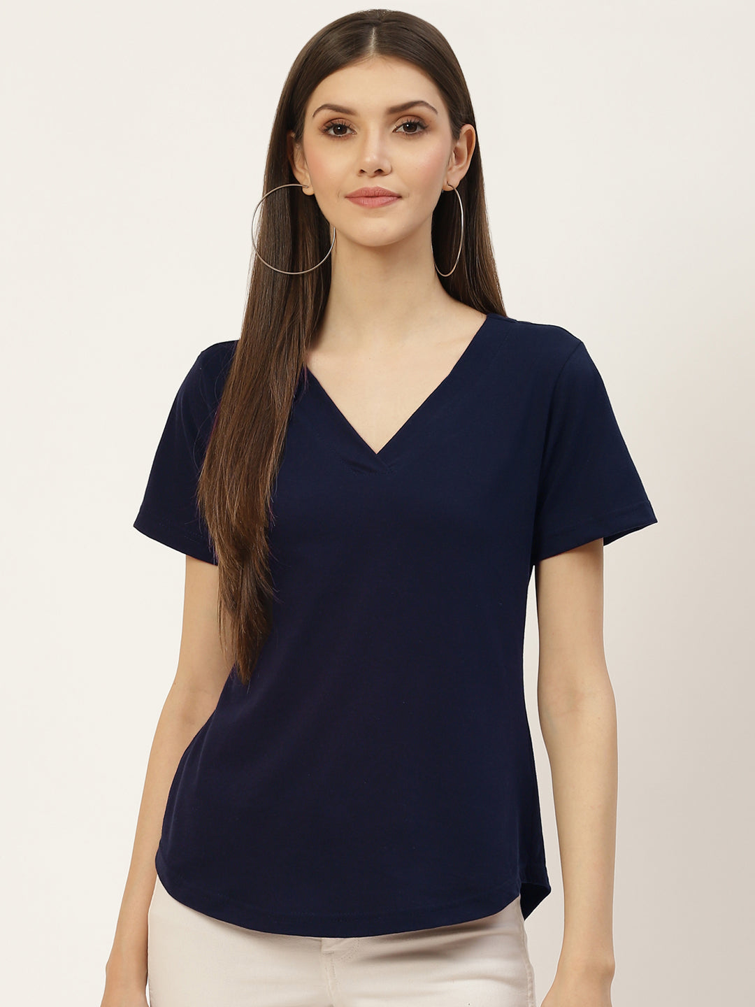 BRINNS Women Solid V-Neck Pure Cotton T-shirt