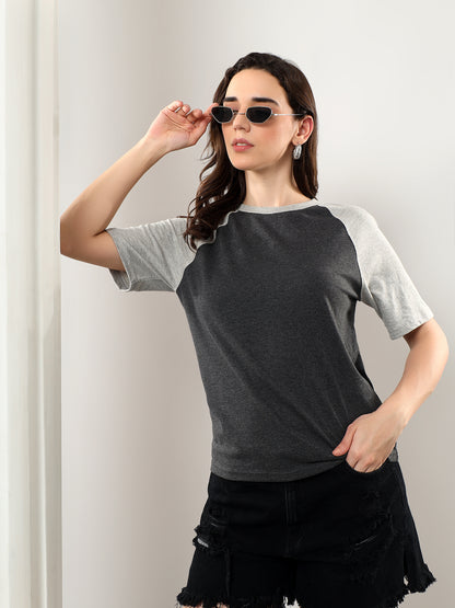 BRINNS Women Solid Raglan Sleeves Round Neck Cotton T-shirt
