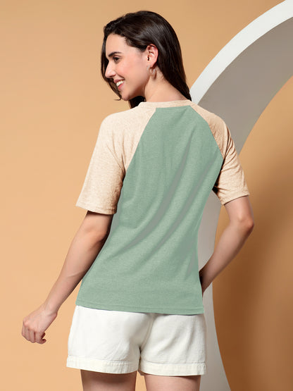 BRINNS Women Solid Raglan Sleeves Round Neck Cotton T-shirt