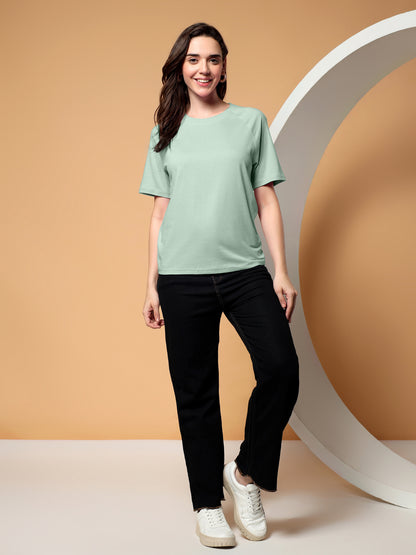 BRINNS Women Solid Raglan Sleeves Round Neck Cotton T-shirt