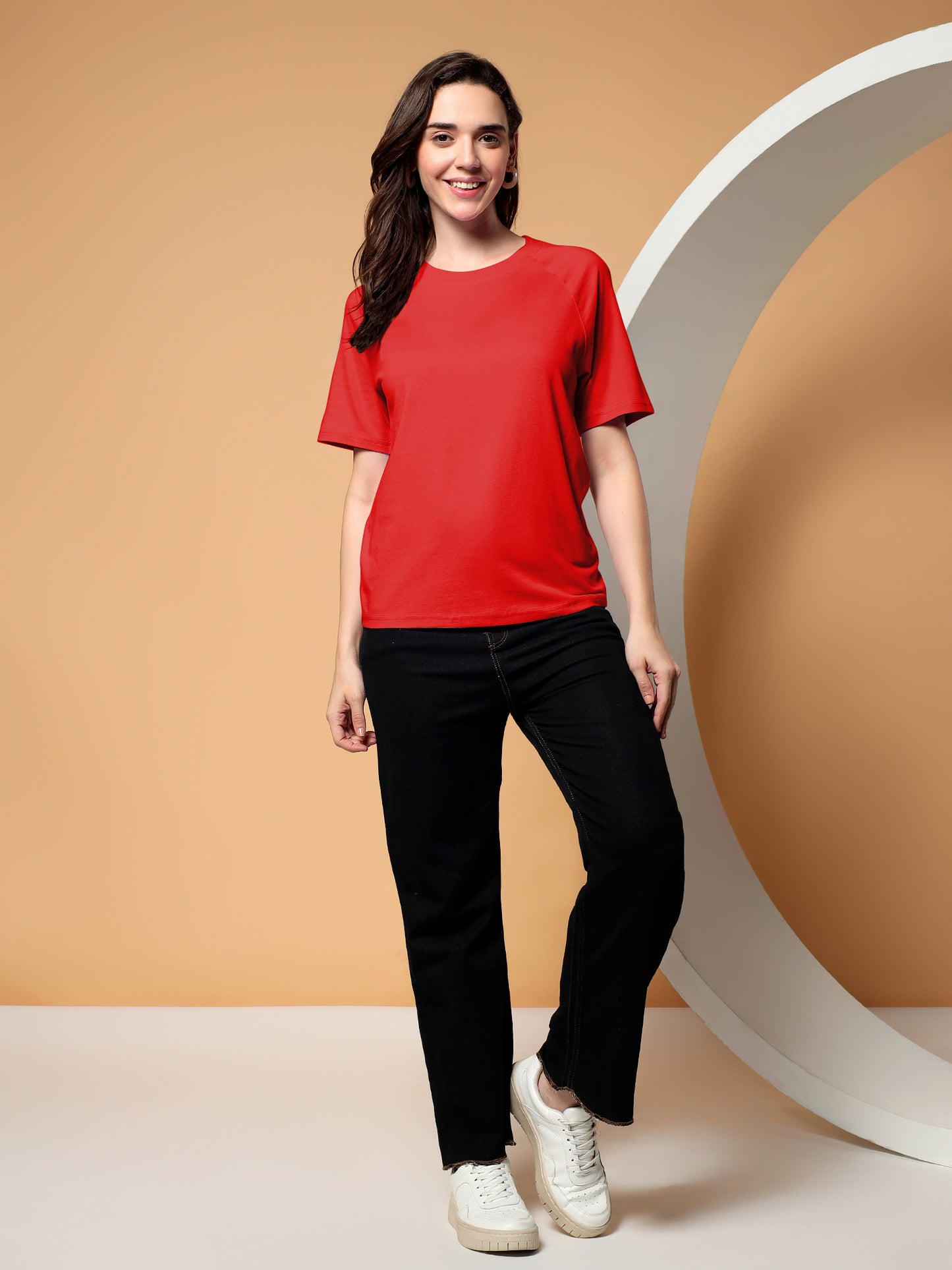 BRINNS Women Solid Raglan Sleeves Round Neck Cotton T-shirt