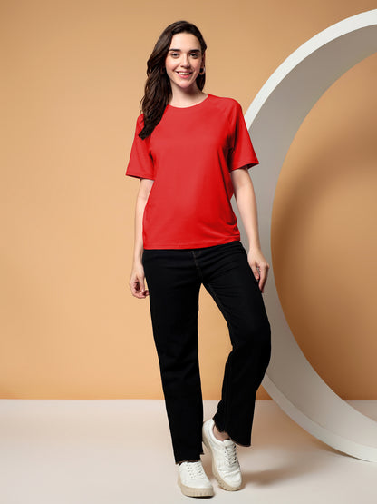 BRINNS Women Solid Raglan Sleeves Round Neck Cotton T-shirt