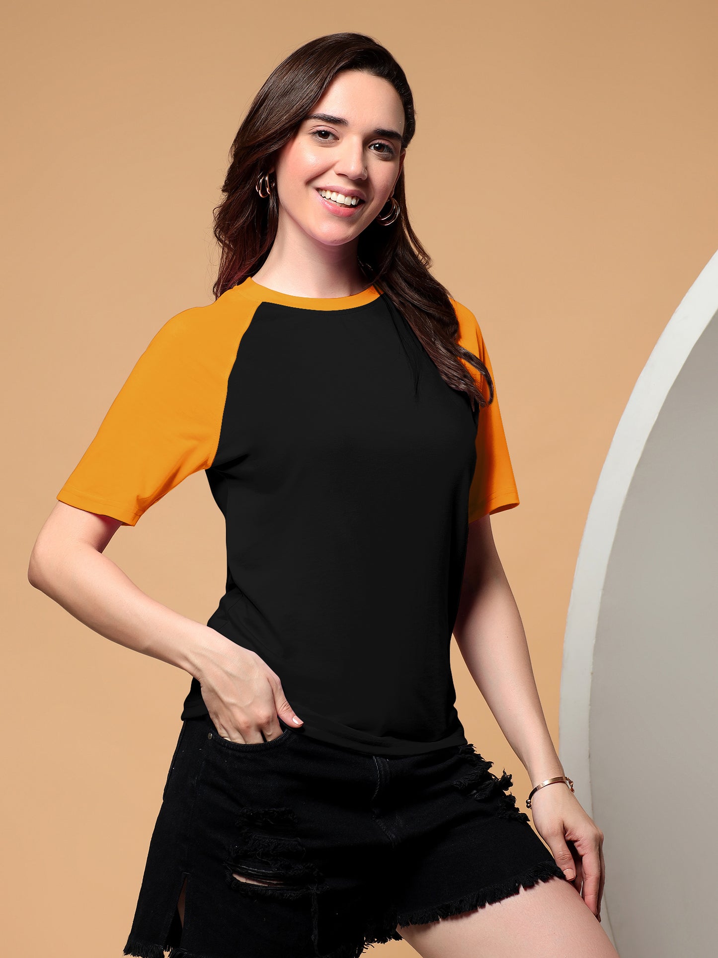 BRINNS Women Solid Raglan Sleeves Round Neck Cotton T-shirt