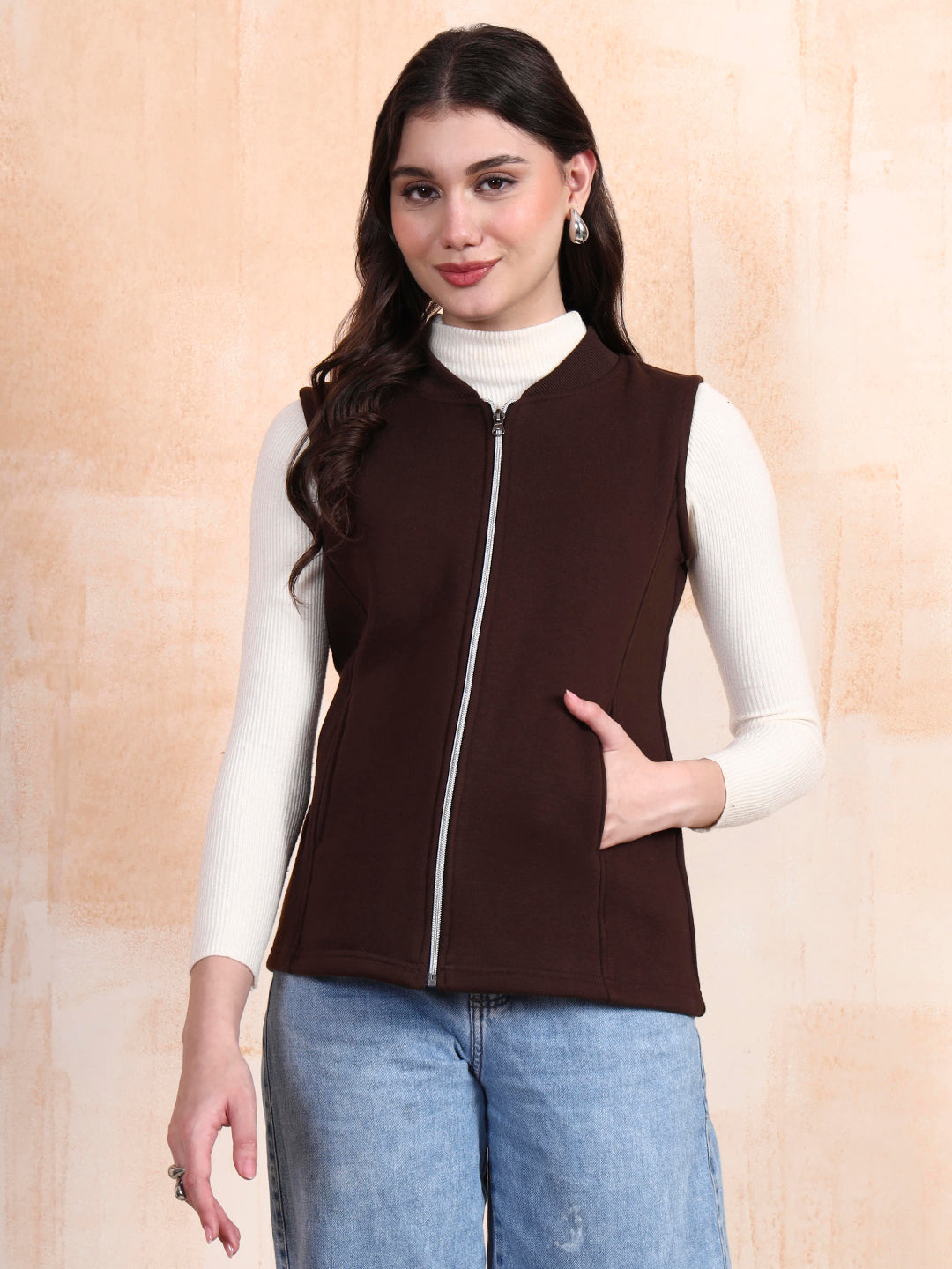 Henley Collar Sleeveless Fleece Zip Detail Tailored Jacket