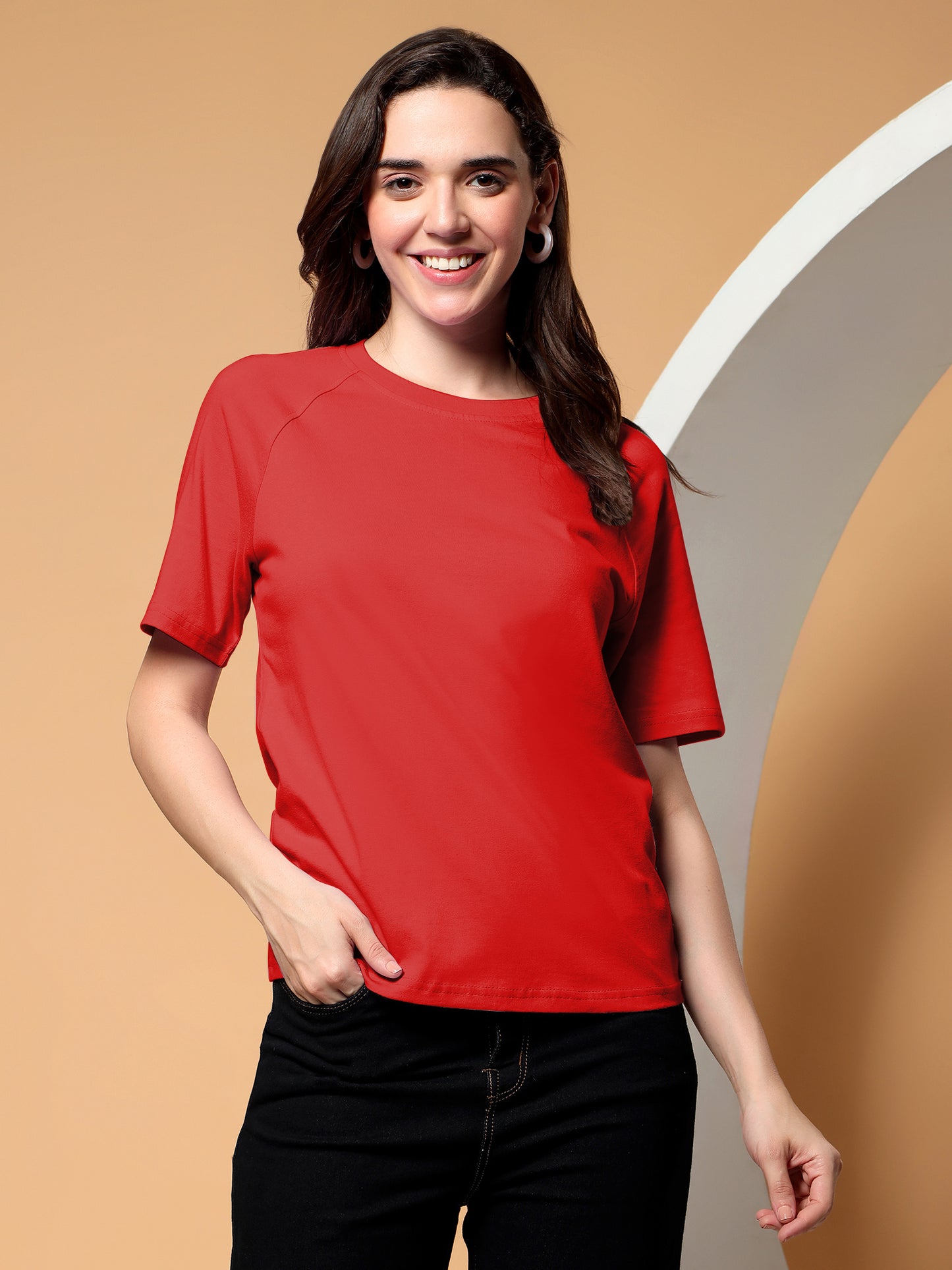 BRINNS Women Solid Raglan Sleeves Round Neck Cotton T-shirt