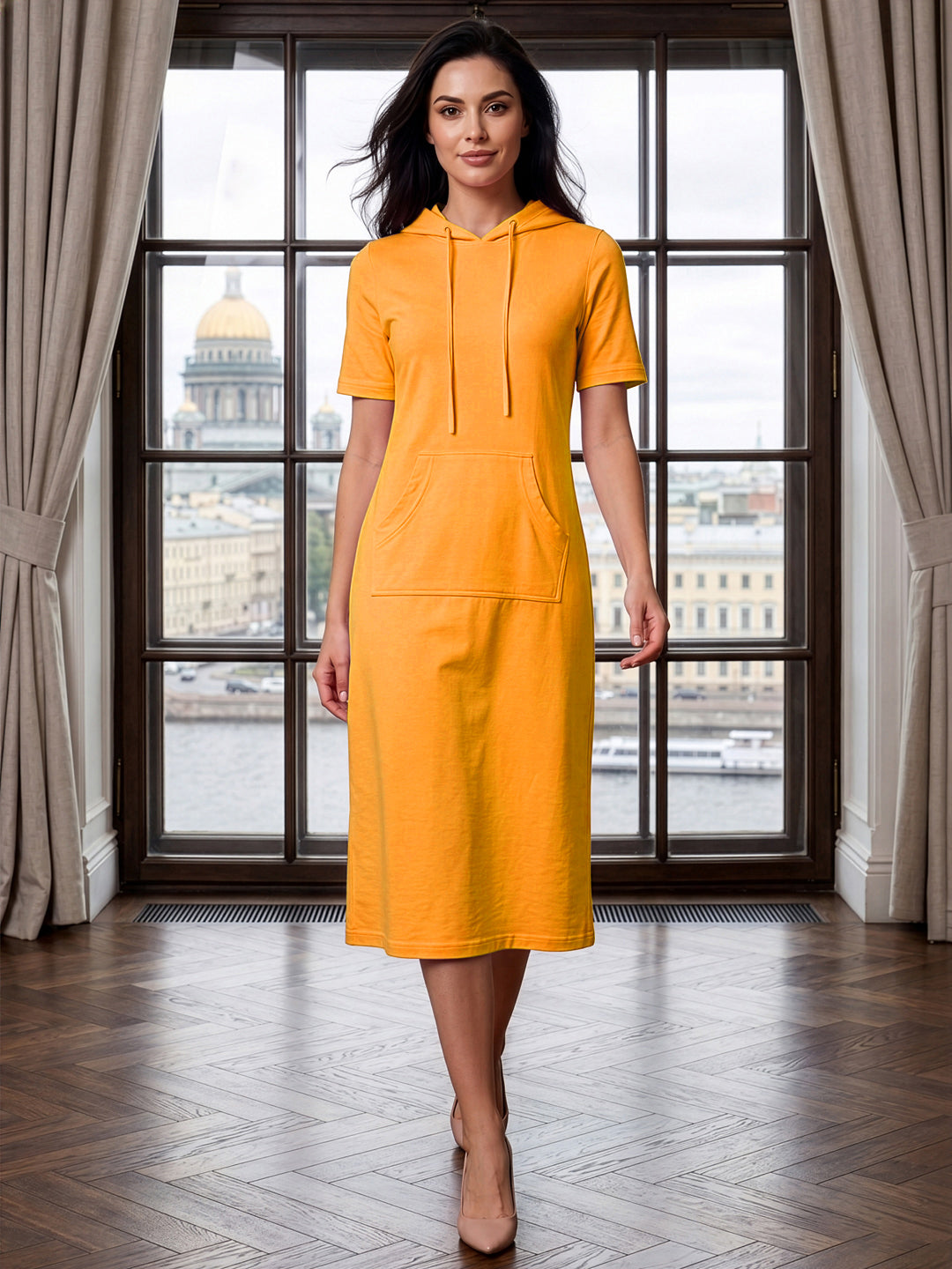 BRINNS Women Hooded Pure Cotton T-shirt Midi Dress