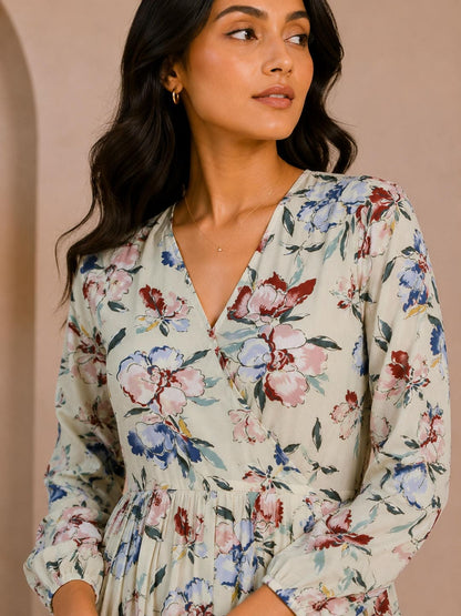 Printed Puff Sleeves Maxi Dress