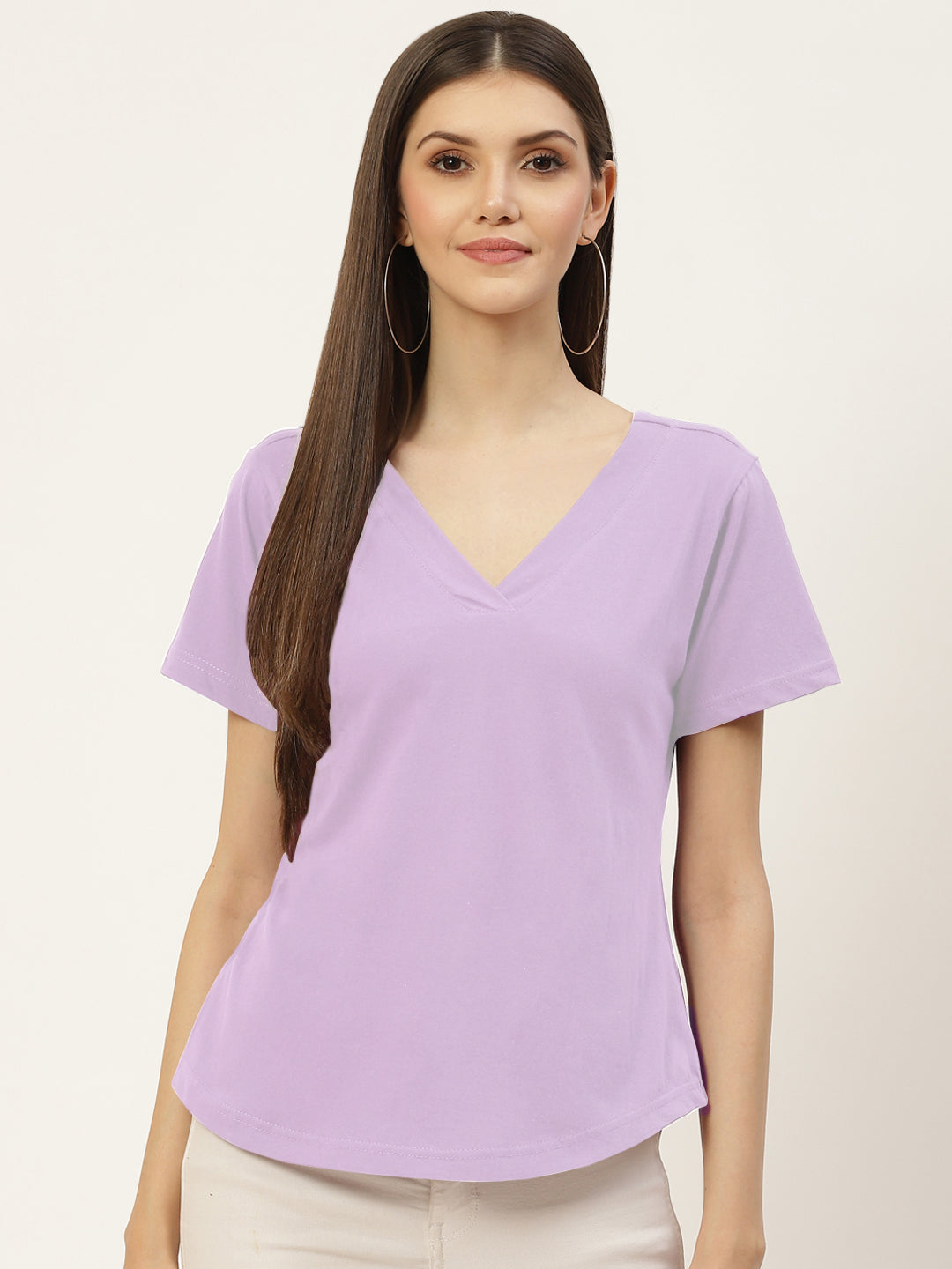 BRINNS Women Solid V-Neck Pure Cotton T-shirt