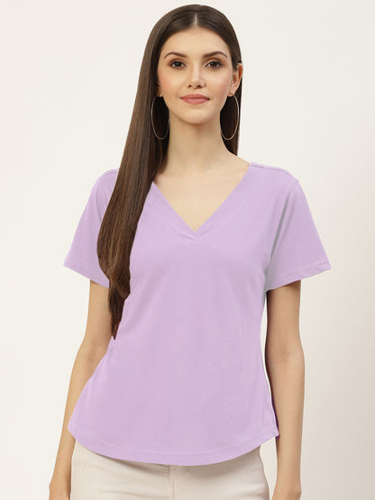 BRINNS Women Solid V-Neck Pure Cotton T-shirt