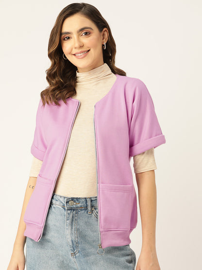 Collarless Solid Fleece Casual Bomber Jacket