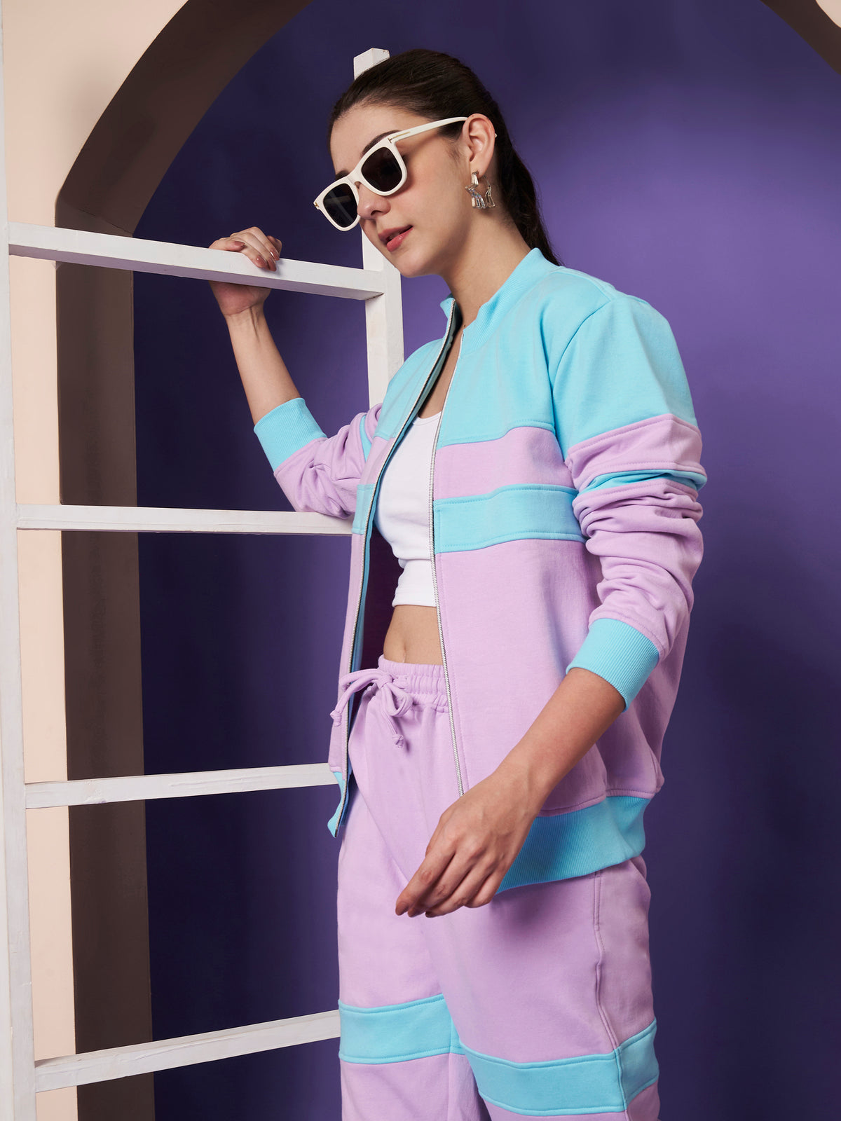 Colourblocked Stand Collar Zip-Up Fleece Jacket