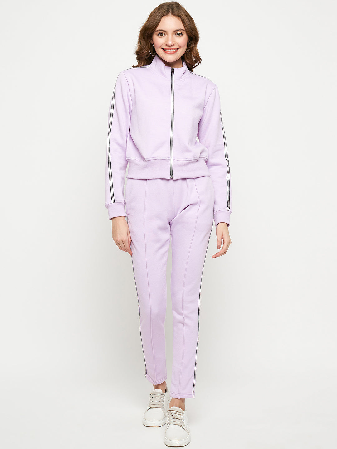 Women Solid Mock Collar Tracksuit