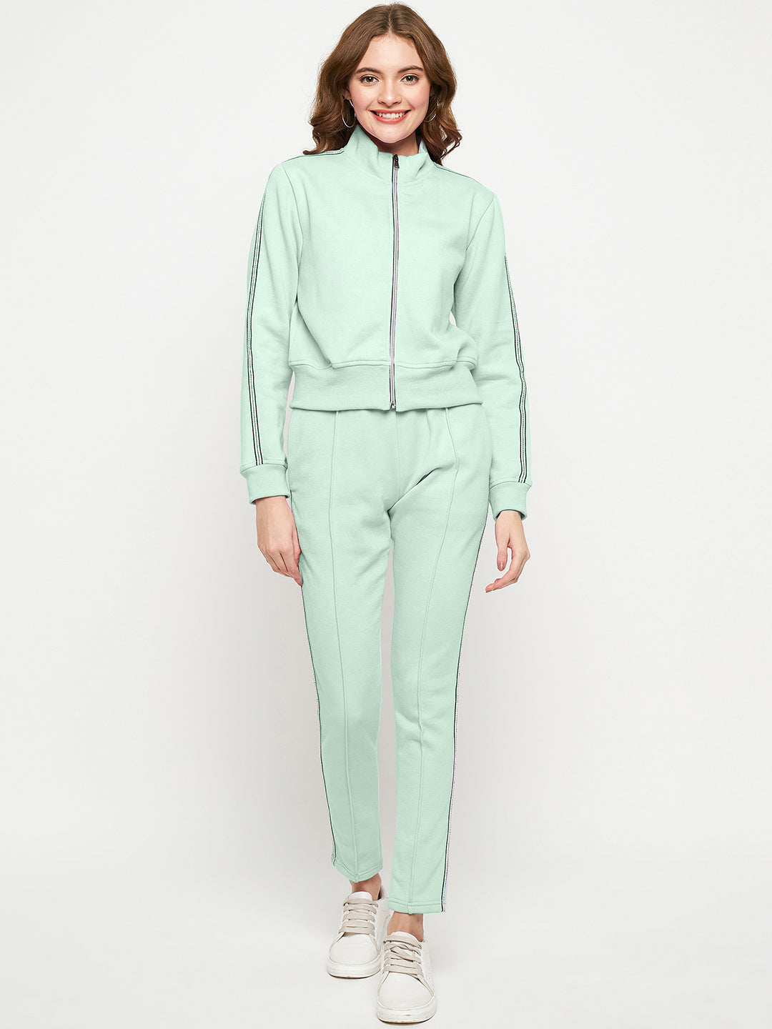 Women Solid Mock Collar Tracksuit