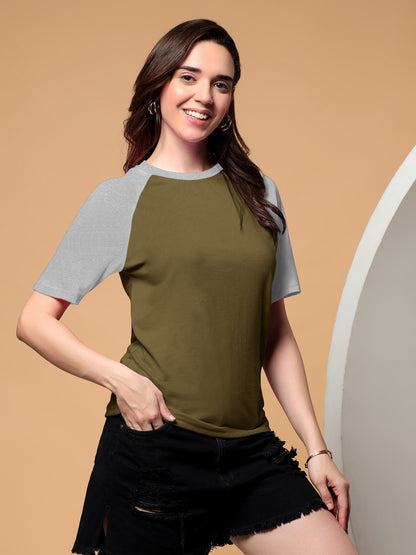 BRINNS Women Solid Raglan Sleeves Round Neck Cotton T-shirt