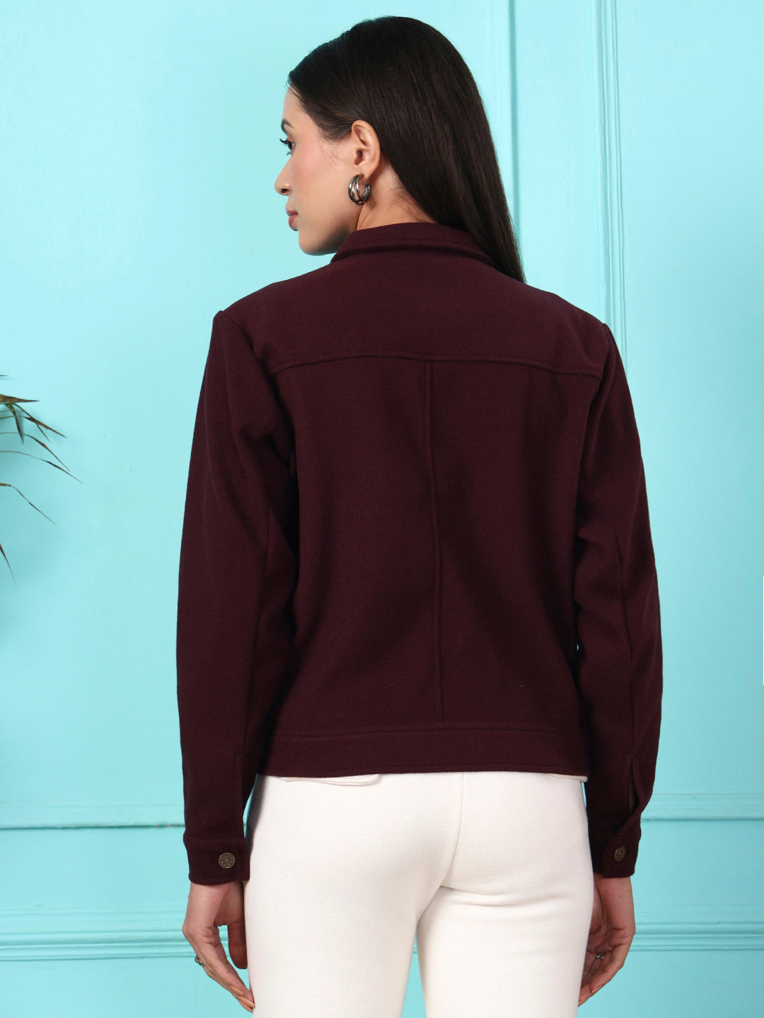 Solid Woven Jacket with Utility Pockets & Spread Collar