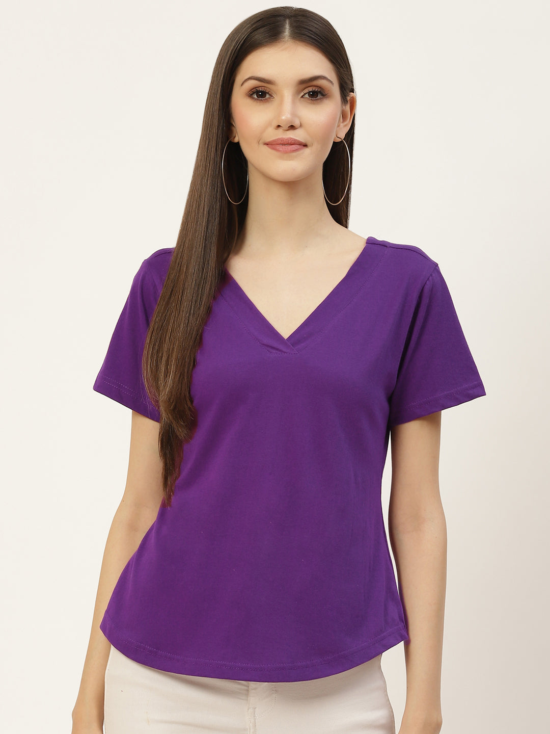 BRINNS Women Solid V-Neck Pure Cotton T-shirt